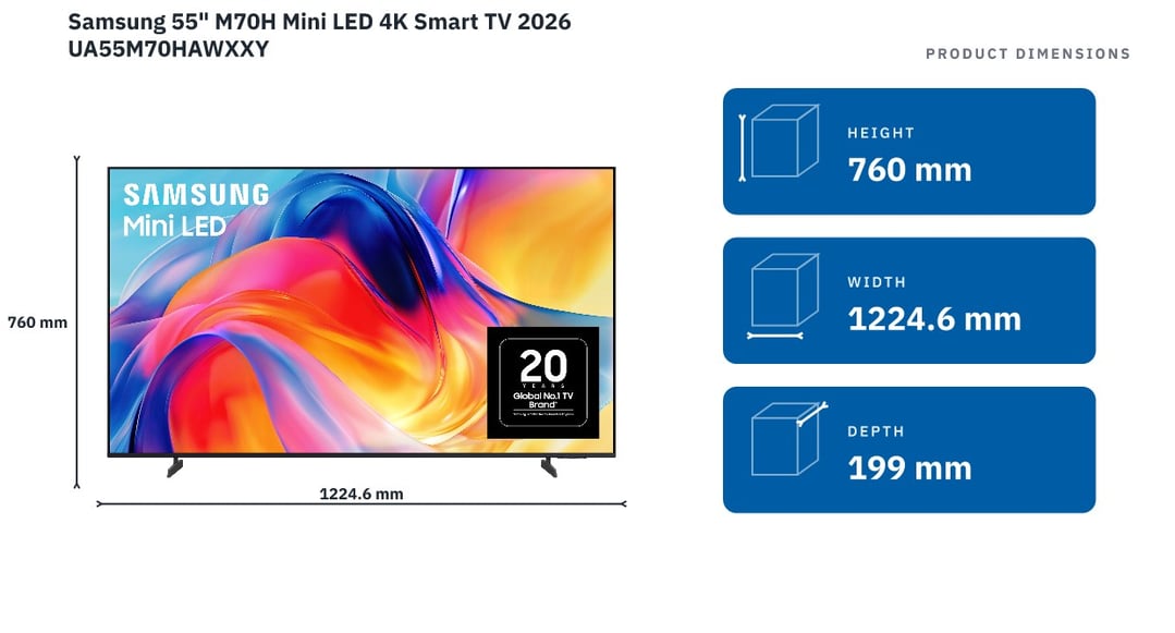Samsung 55" M70H Mini LED 4K Smart TV 2026 UA55M70HAWXXY — product dimensions