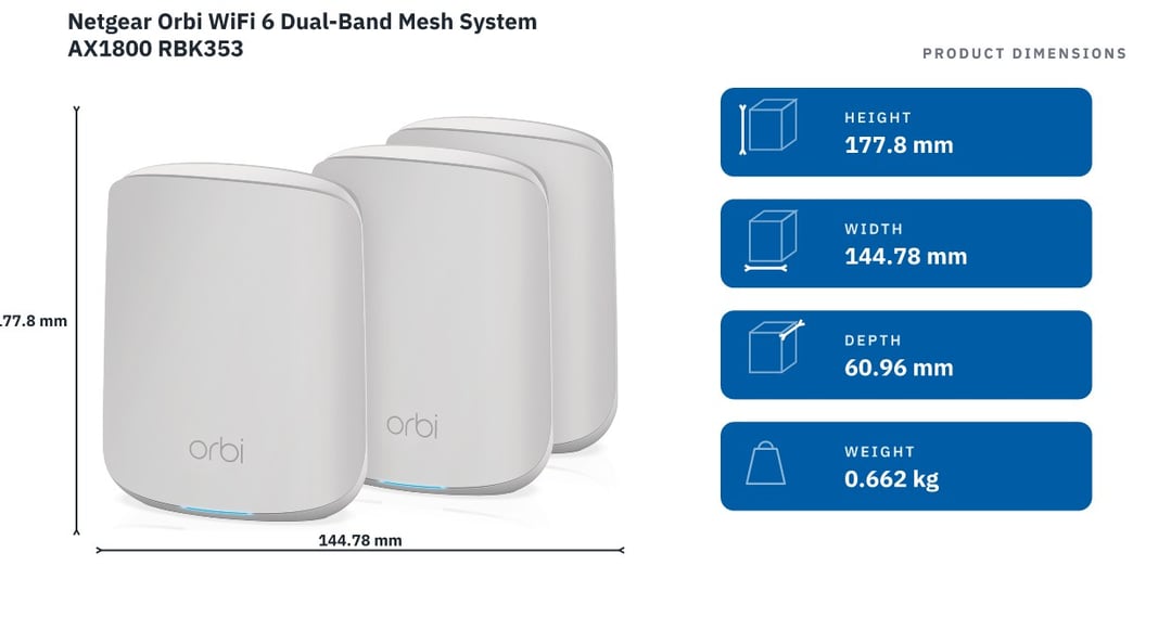 Netgear Orbi WiFi 6 Dual-Band Mesh System AX1800 RBK353 — product dimensions