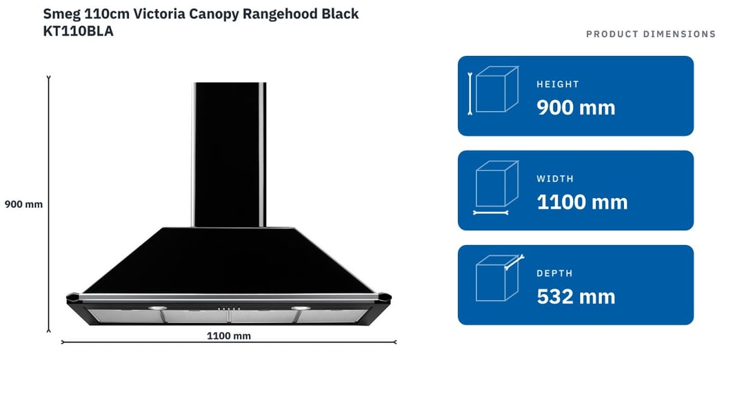 Smeg 110cm Victoria Canopy Rangehood Black KT110BLA — product dimensions