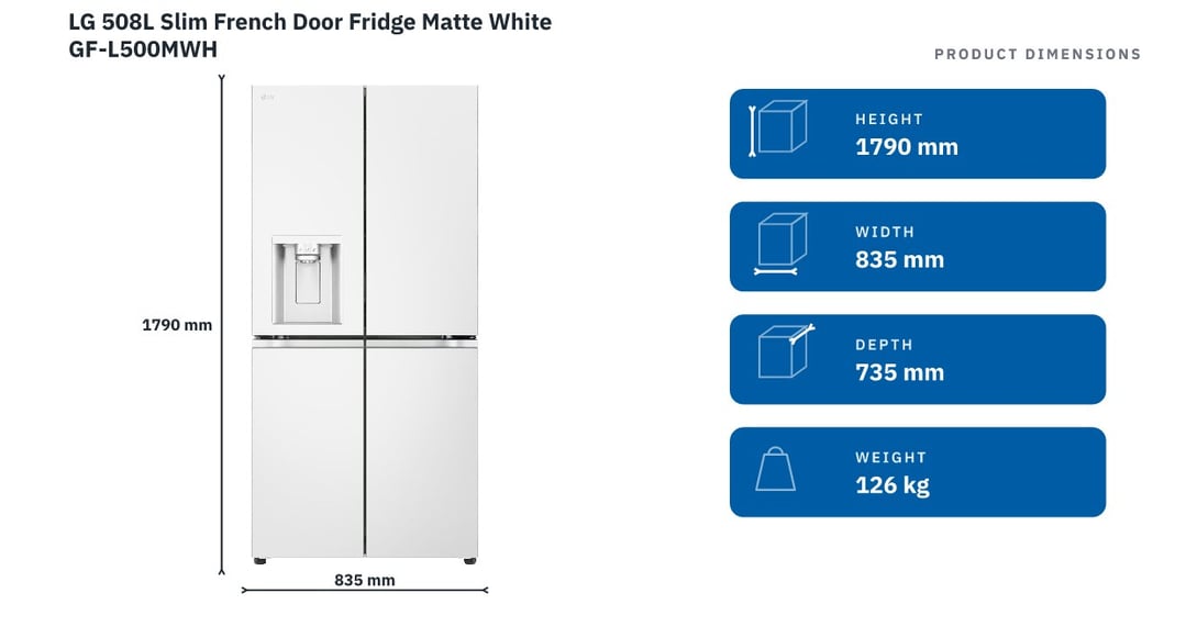 LG 508L Slim French Door Fridge Matte White GF-L500MWH