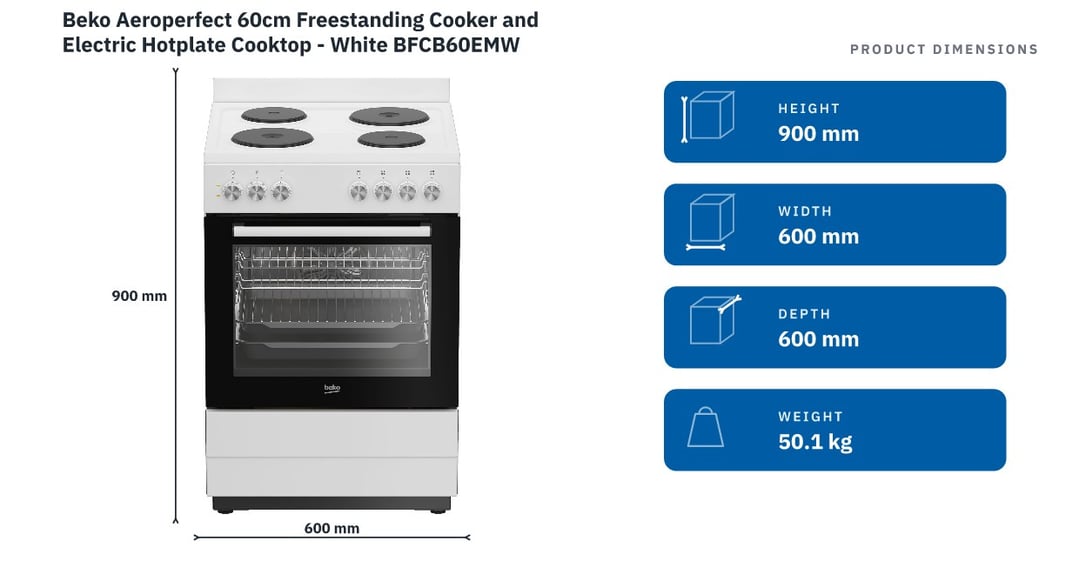 Beko Aeroperfect 60cm Freestanding Cooker and Electric Hotplate Cooktop - White BFCB60EMW — product dimensions