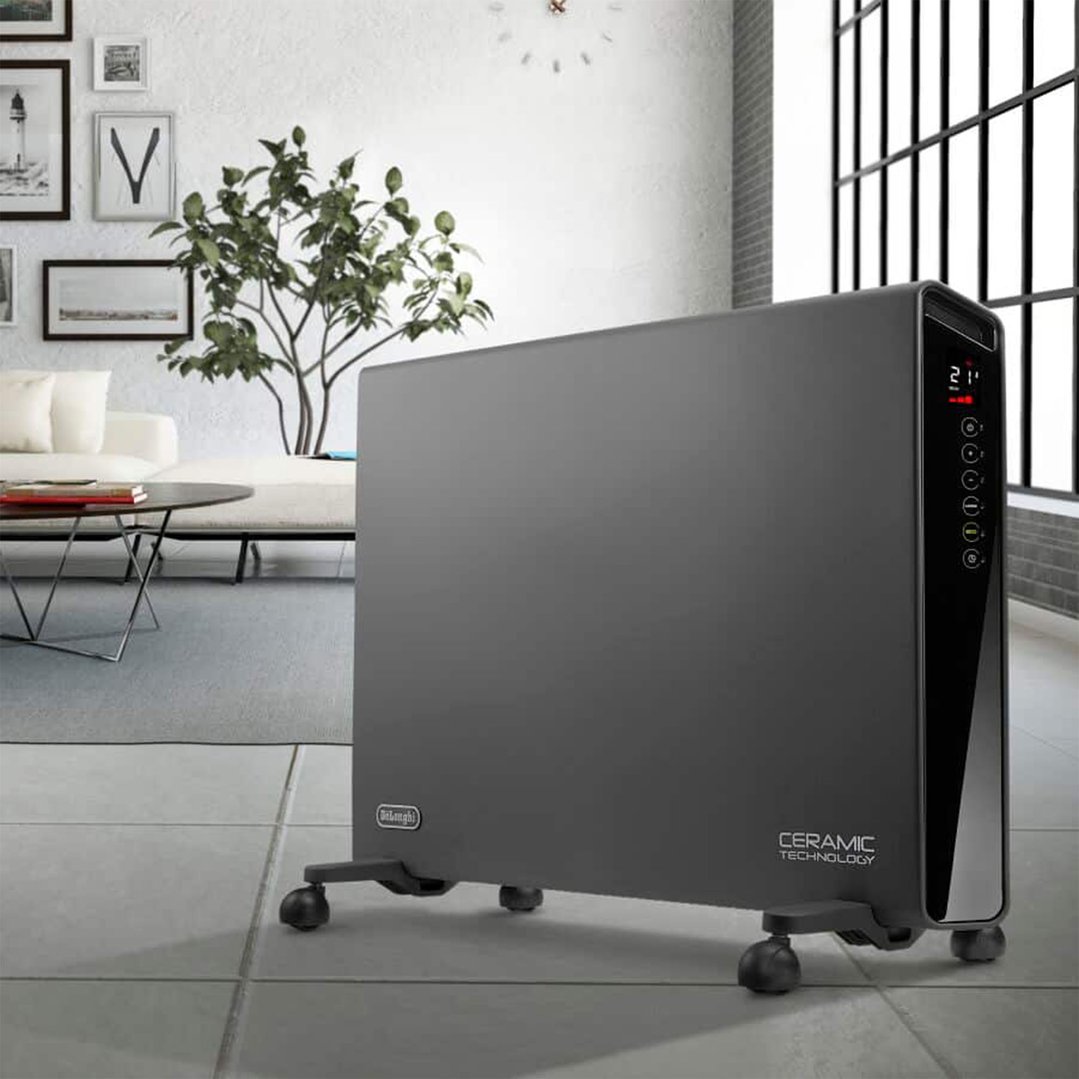 DELONGHI ceramic panel heater in a modern living room setting