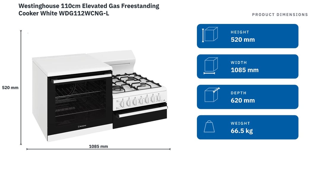 Westinghouse 110cm Elevated Gas Freestanding Cooker White WDG112WCNG-L — product dimensions