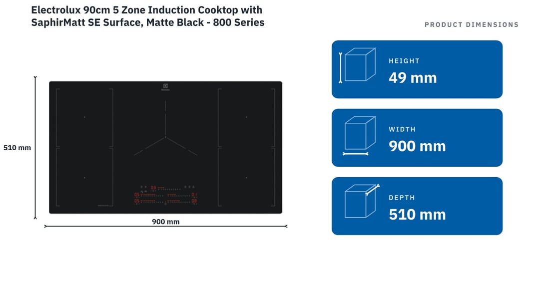 Electrolux 90cm 5 Zone Induction Cooktop with SaphirMatt SE Surface, Matte Black - 800 Series KIS97550IT — product dimensions