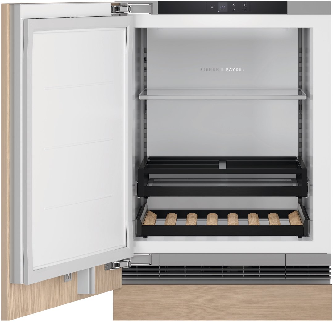 Integrated beverage centre with the door open, showing shelves and controls