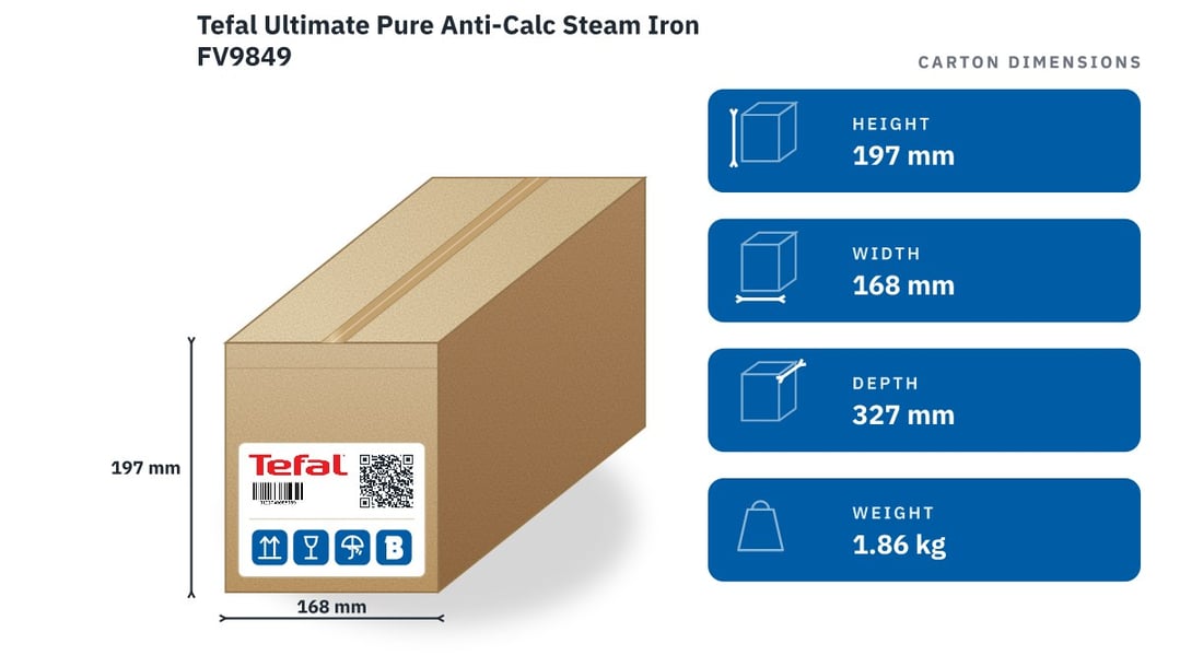 Tefal Ultimate Pure Anti-Calc Steam Iron FV9849 — packaged dimensions