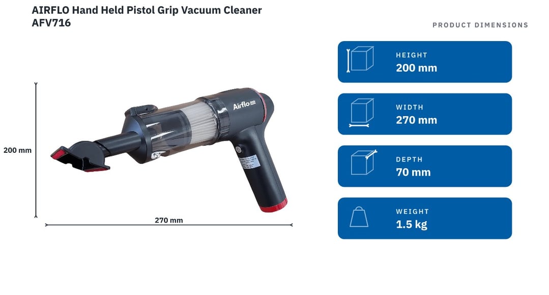 AIRFLO Hand Held Pistol Grip Vacuum Cleaner AFV716 — product dimensions