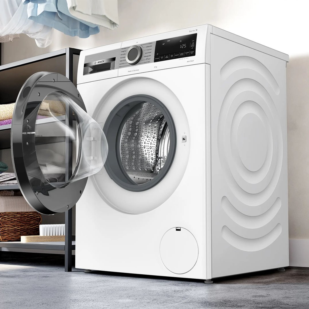 White Bosch 9kg Series 8 front loader washing machine with door open