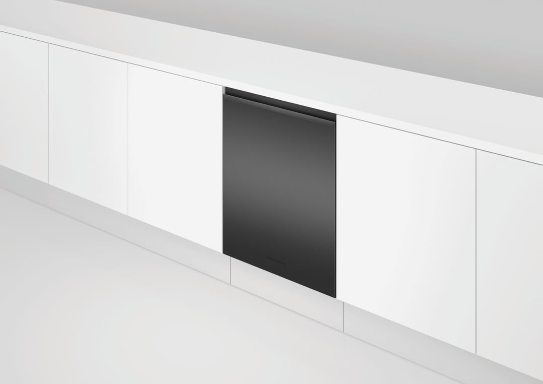 Black built-under dishwasher integrated into a white kitchen cabinet run