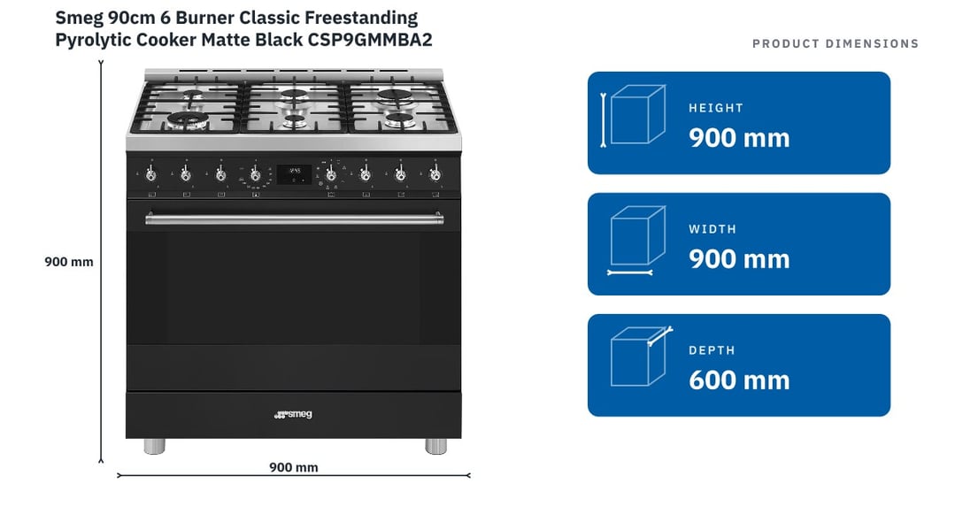 Smeg 90cm 6 Burner Classic Freestanding Pyrolytic Cooker Matte Black CSP9GMMBA2 — product dimensions
