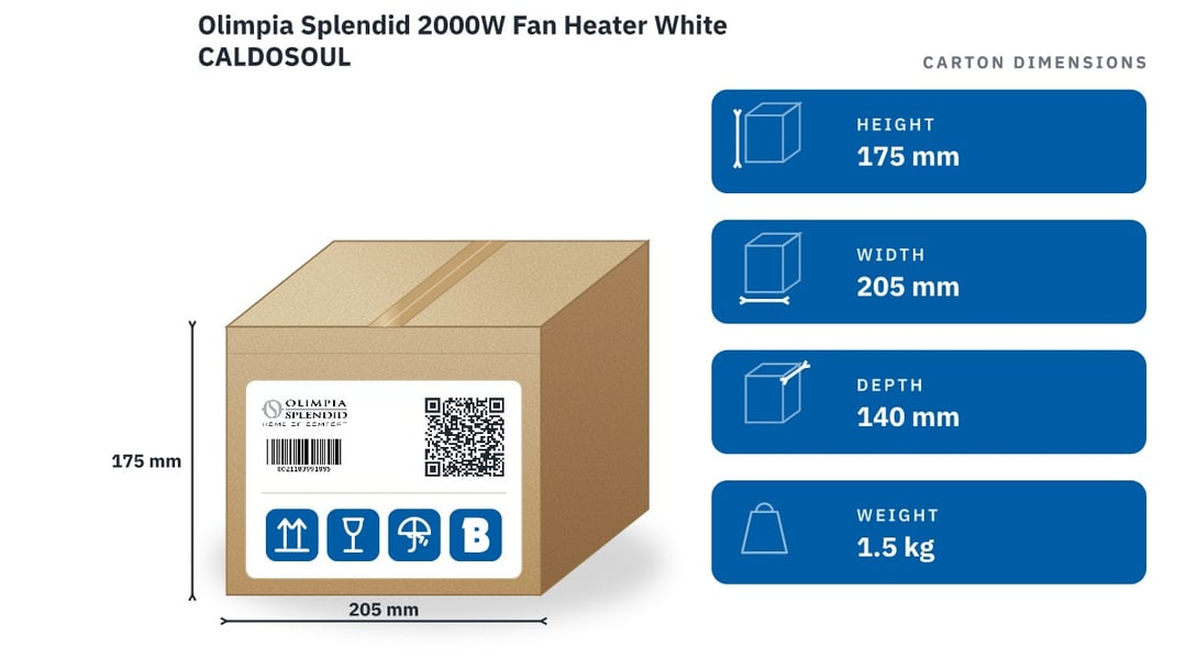 Olimpia Splendid 2000W Fan Heater White CALDOSOUL — packaged dimensions