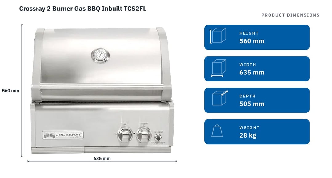 Crossray 2 Burner Gas BBQ Inbuilt TCS2FL