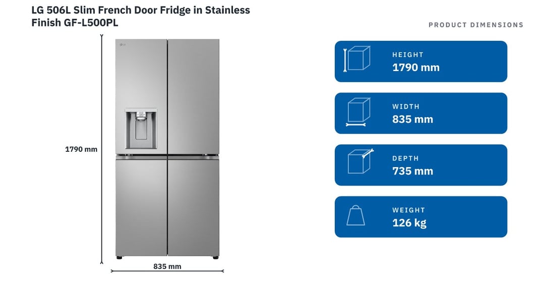 LG 506L Slim French Door Fridge in Stainless Finish GF-L500PL