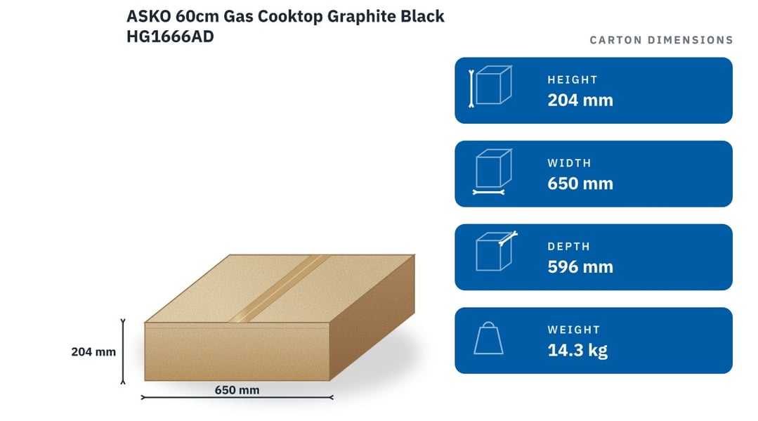 ASKO 60cm Gas Cooktop Graphite Black HG1666AD — packaged dimensions