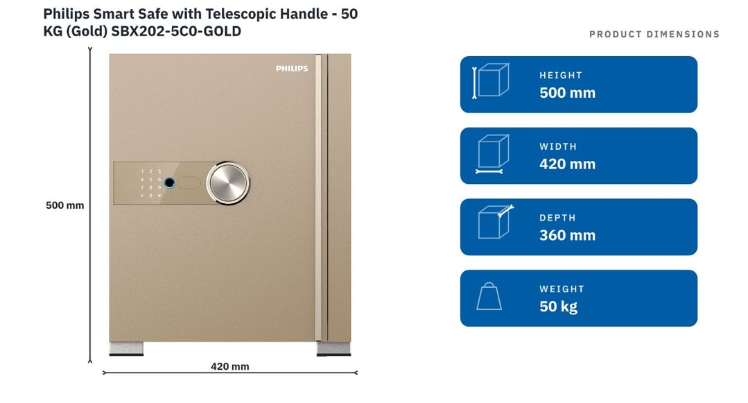 Philips Smart Safe with Telescopic Handle - 50 KG (Gold) SBX202-5C0-GOLD — product dimensions