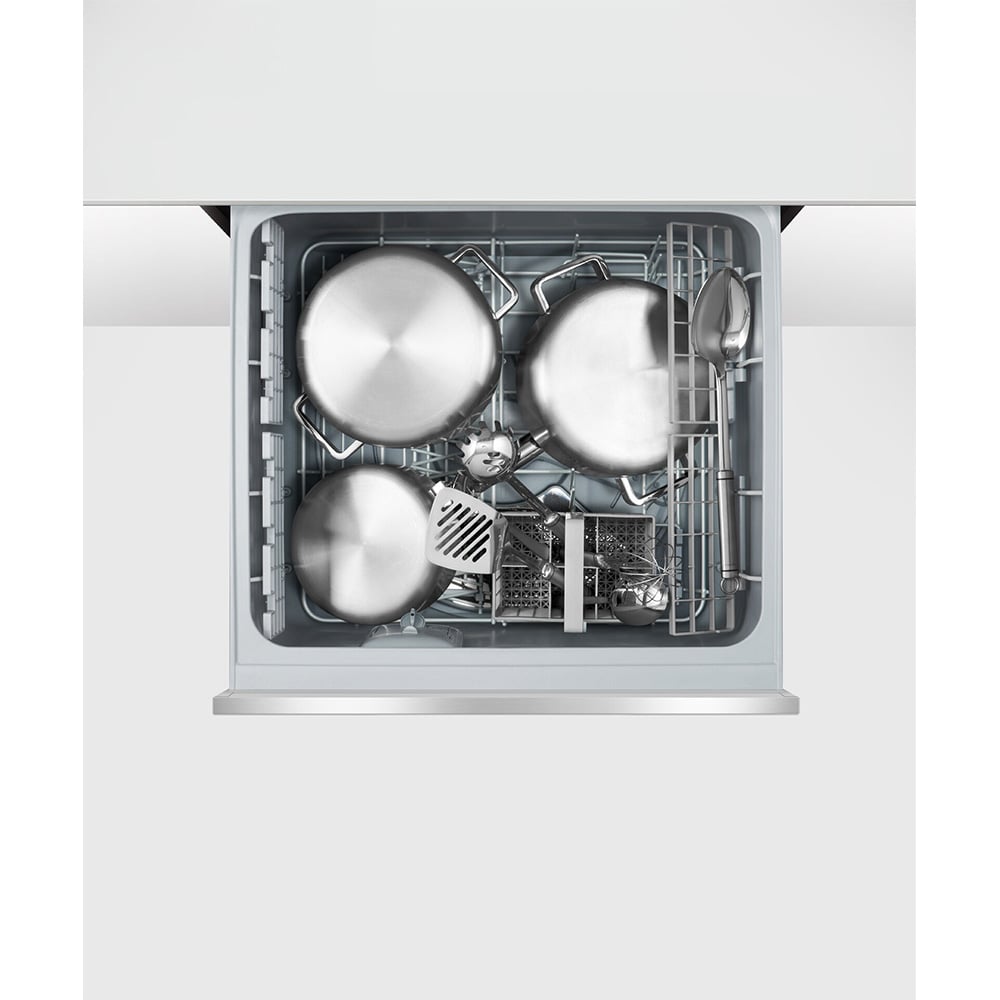 Overhead view of a single DishDrawer dishwasher filled with pots and utensils