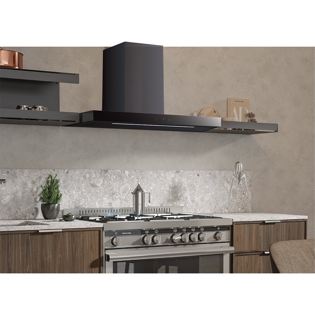 Black wall-mounted rangehood above a stainless steel gas cooktop in a modern kitchen
