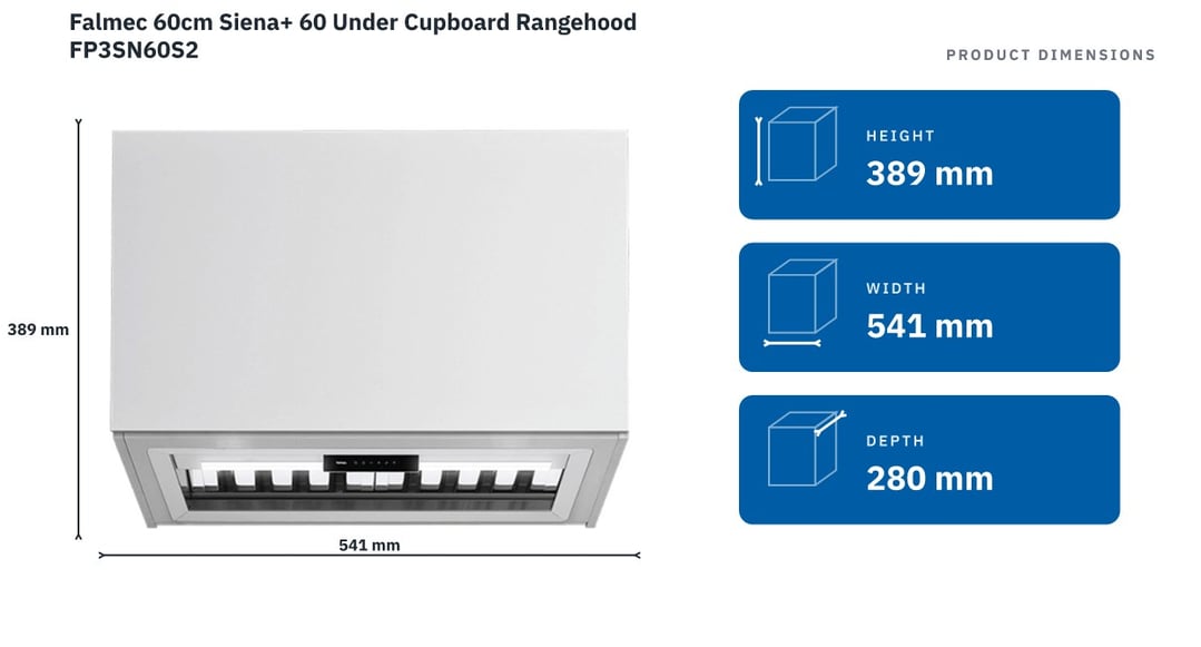 Falmec 60cm Siena+ 60 Under Cupboard Rangehood FP3SN60S2 — product dimensions