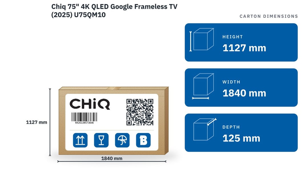 Chiq 75" 4K QLED Google Frameless TV (2025) U75QM10 — packaged dimensions
