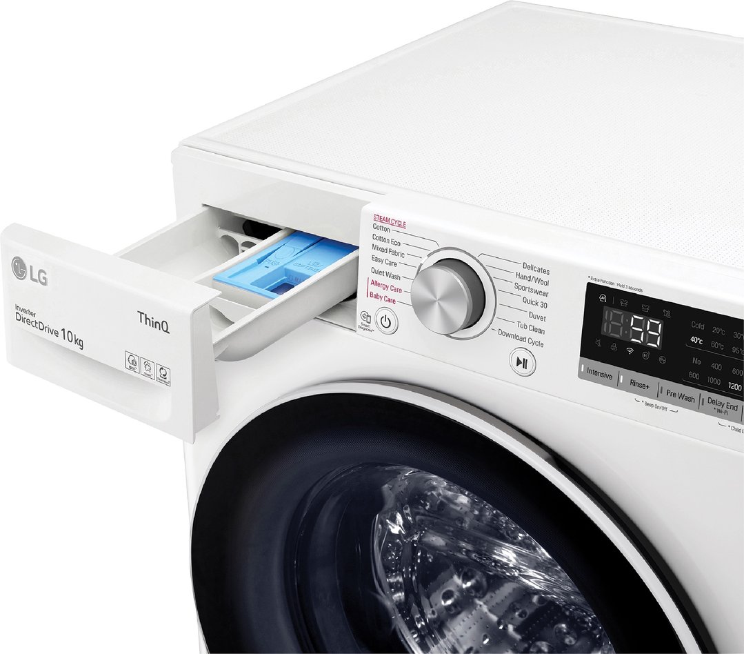 A white LG washing machine with its detergent drawer open, showing the controls