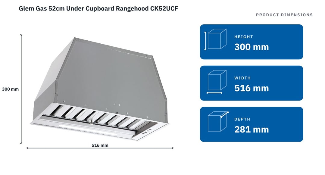 Glem Gas 52cm Under Cupboard Rangehood CK52UCF — product dimensions