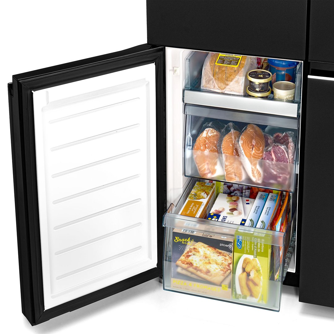 Open black French door fridge freezer with food inside