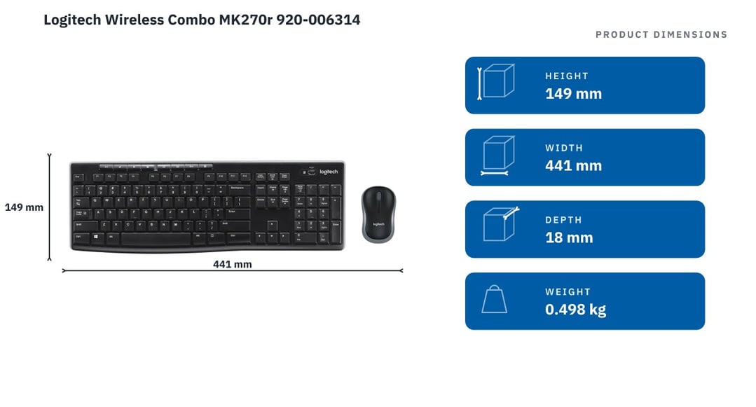 Logitech Wireless Combo MK270r 920-006314 — product dimensions