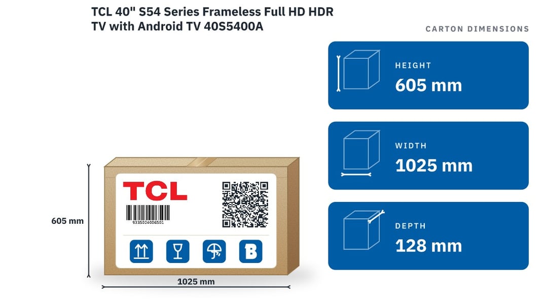 TCL 40" S54 Series Frameless Full HD HDR TV with Android TV 40S5400A — packaged dimensions