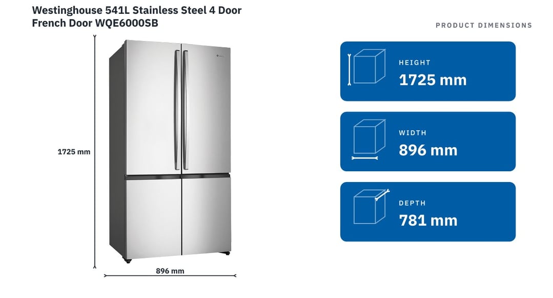 Westinghouse 541L Stainless Steel 4 Door French Door WQE6000SB — product dimensions