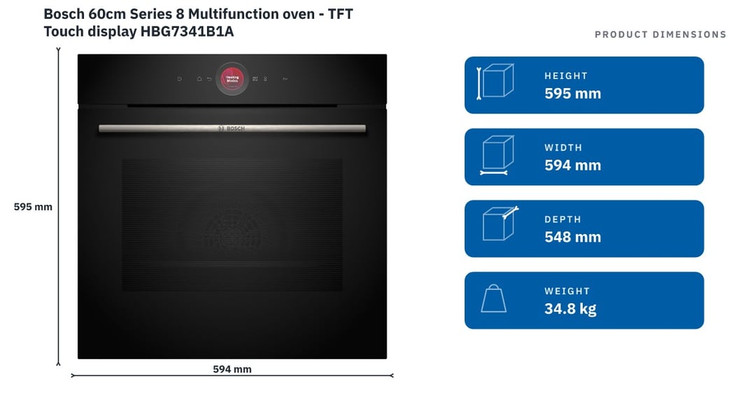 Bosch 60cm Series 8 Multifunction oven - TFT Touch display HBG7341B1A — product dimensions