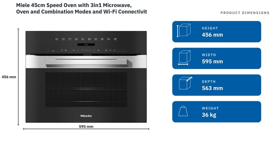 Miele 45cm Speed Oven with 3in1 Microwave, Oven and Combination Modes and Wi-Fi Connectivity CleanSteel H7240BM — product dimensions