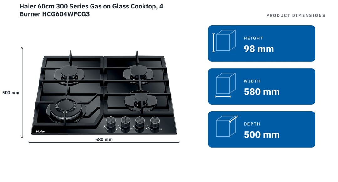 Haier 60cm 300 Series Gas on Glass Cooktop, 4 Burner HCG604WFCG3 — product dimensions