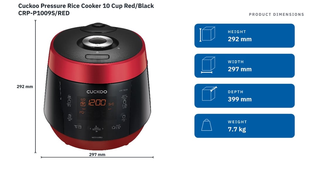 Cuckoo Pressure Rice Cooker 10 Cup Red/Black CRP-P1009S/RED — product dimensions