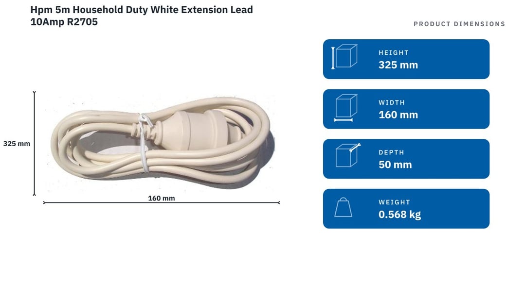 Hpm 5m Household Duty White Extension Lead 10Amp R2705