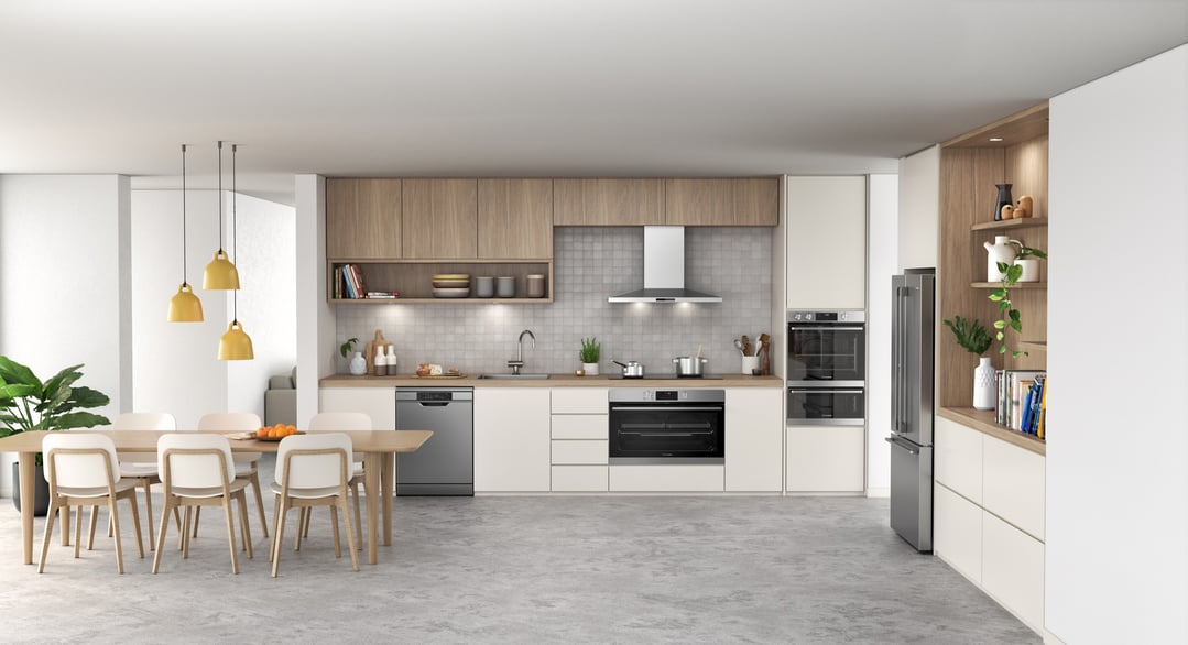 A kitchen and dining area with a built-in oven and other appliances