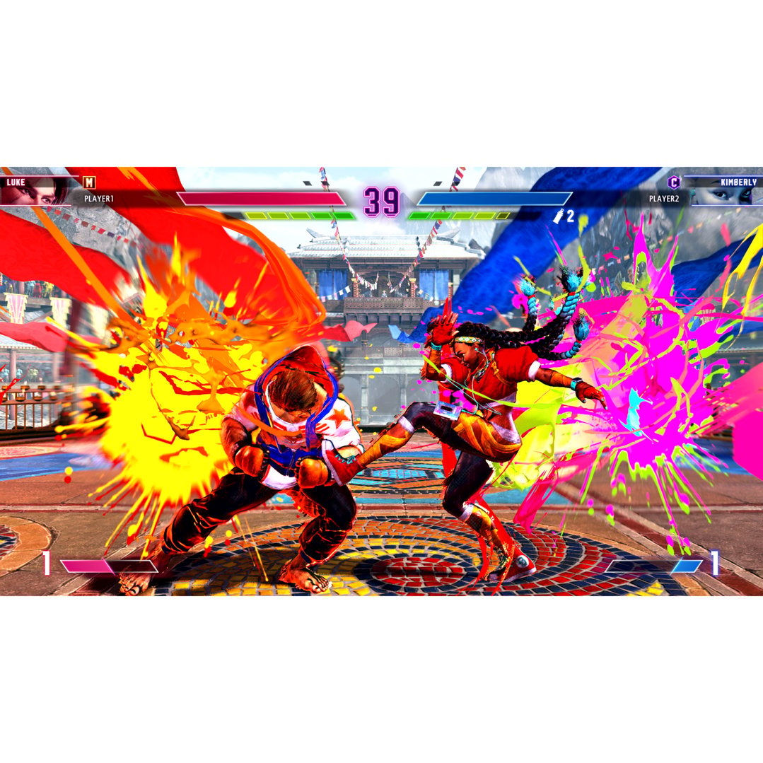 Two characters fighting in a video game with colorful special effects