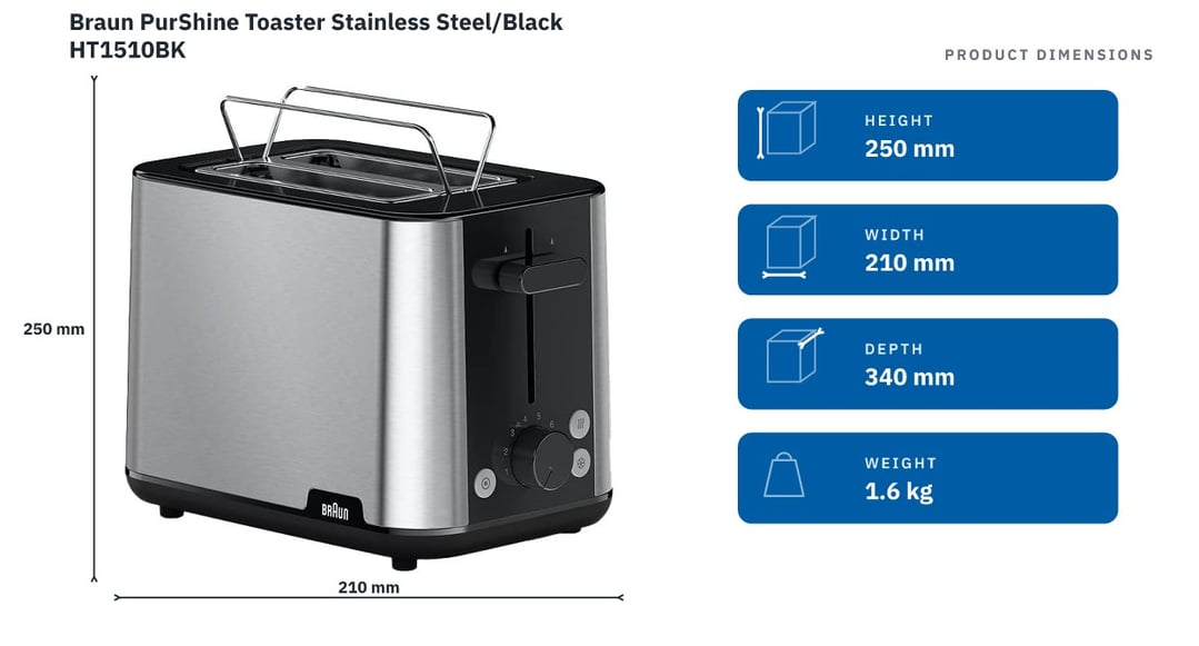 Braun PurShine Toaster Stainless Steel/Black HT1510BK — product dimensions