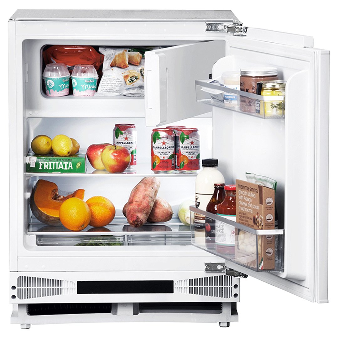 Open bar fridge filled with food and drinks, showing interior shelves