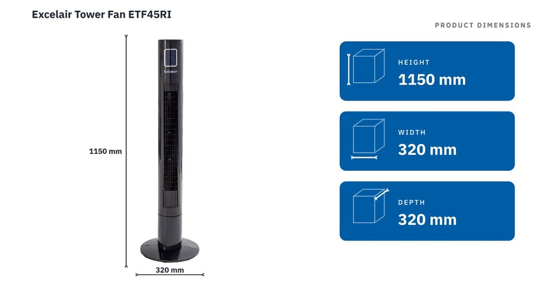 Excelair Tower Fan ETF45RI — product dimensions