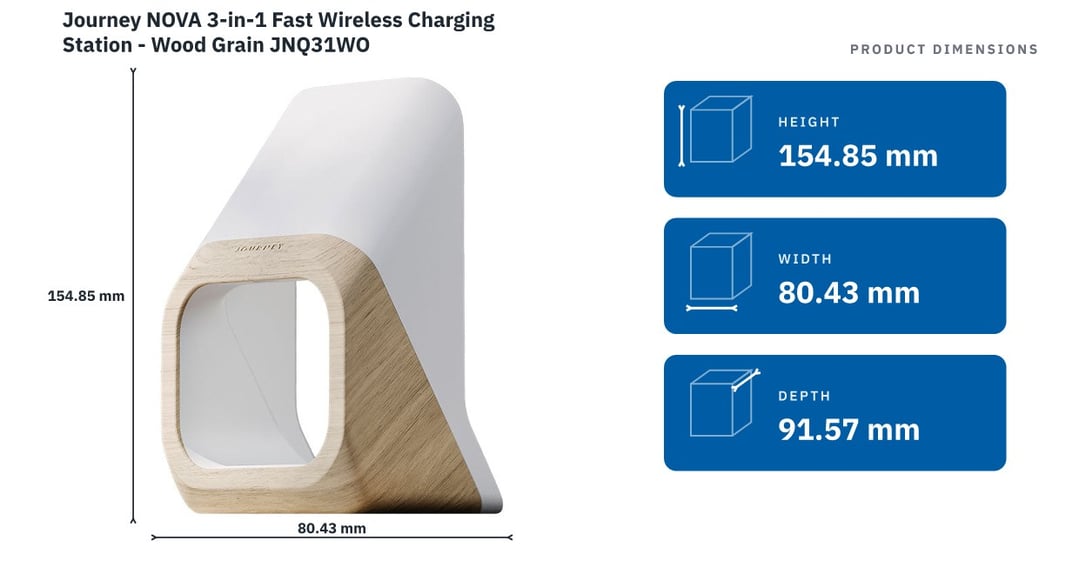 Journey NOVA 3-in-1 Fast Wireless Charging Station - Wood Grain JNQ31WO — product dimensions