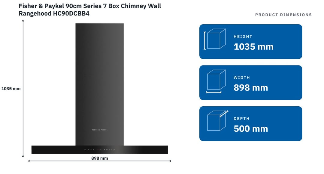 Fisher & Paykel 90cm Series 7 Box Chimney Wall Rangehood HC90DCBB4 — product dimensions