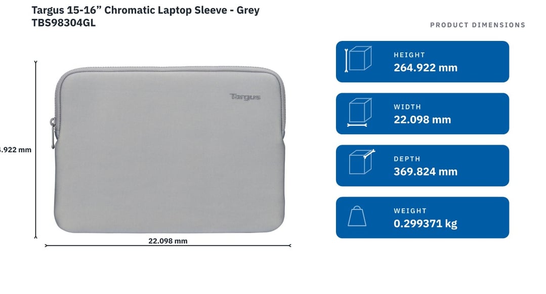 Targus 15-16” Chromatic Laptop Sleeve - Grey TBS98304GL — product dimensions