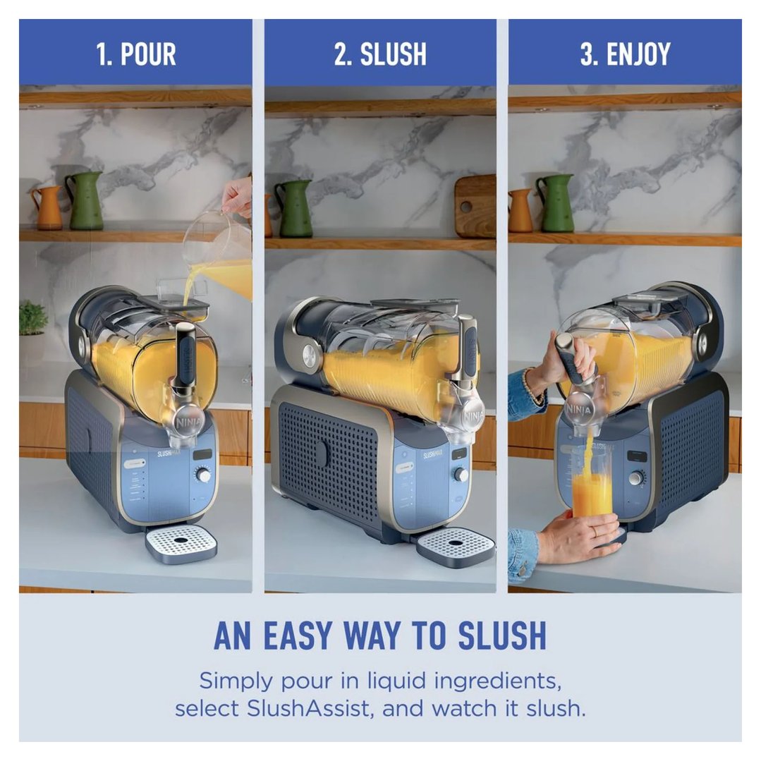 Three-panel image showing a person pouring, slushing, and enjoying a drink from the SLUSHi Max Smart Frozen Drink Maker