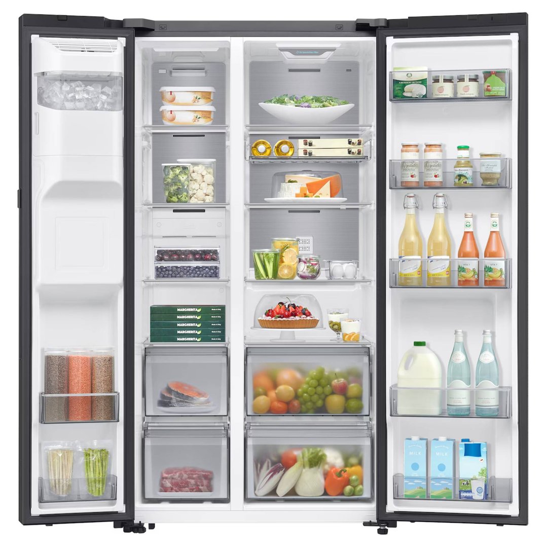 Open Samsung side-by-side refrigerator filled with various food items and drinks