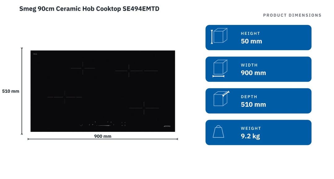 Smeg 90cm Ceramic Hob Cooktop SE494EMTD — product dimensions