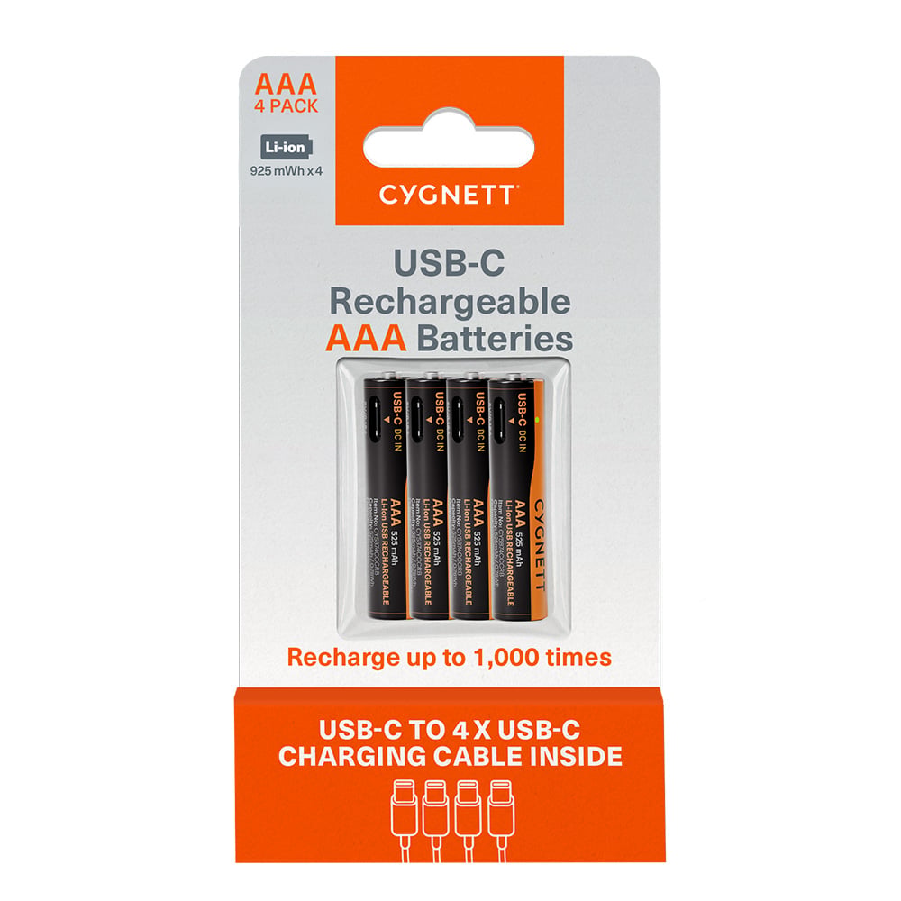 Cygnett AAA USB-C Rechargeable Battery - 4 Pack - Black CY5874CCCRB