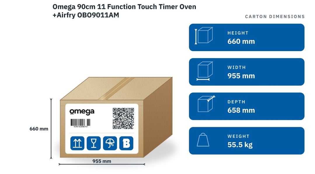 Omega 90cm 11 Function Touch Timer Oven +Airfry OBO9011AM — packaged dimensions