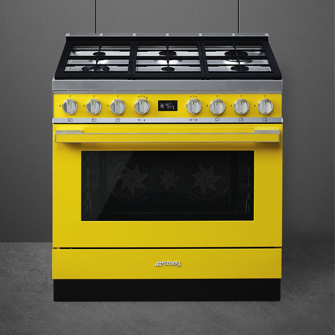 Smeg 90cm Portofino Pyrolytic Freestanding Cooker Sunshine Yellow CPF9GPYWA