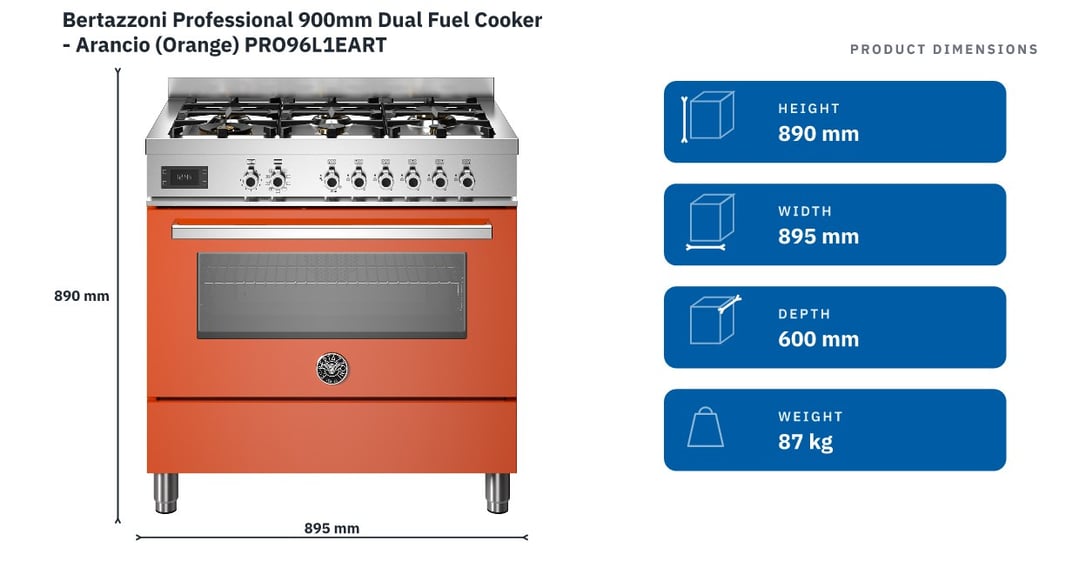 Bertazzoni Professional 900mm Dual Fuel Cooker - Arancio (Orange) PRO96L1EART — product dimensions