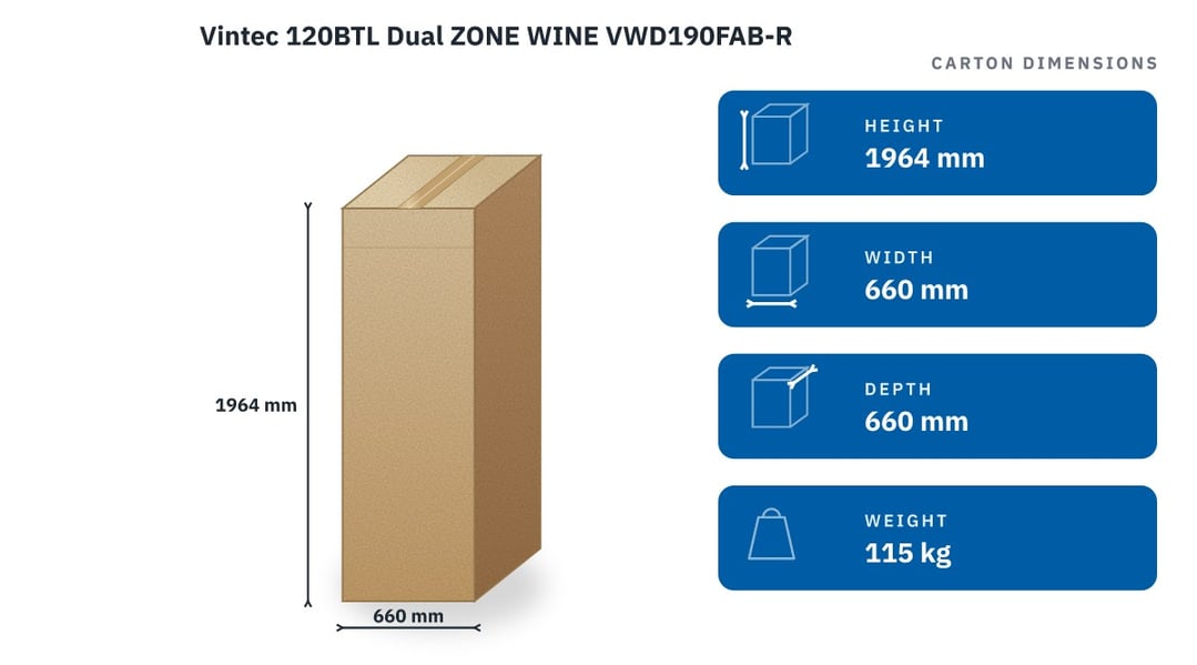 Vintec 120BTL Dual ZONE WINE VWD190FAB-R — packaged dimensions